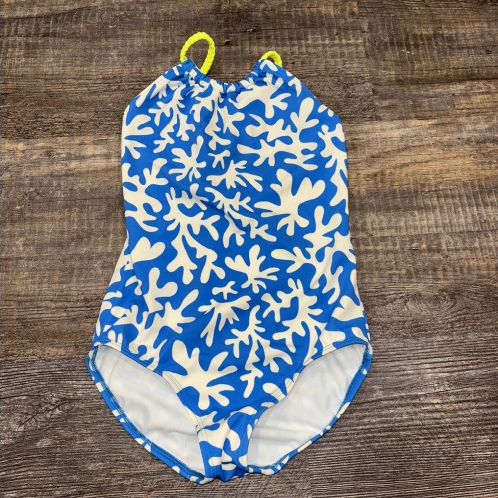 Mini Boden One Piece Bathing Suit Swimsuit Girl's Size 8-9 Y Blue White Coral